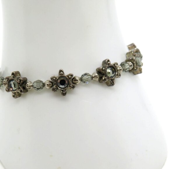 Floral Bracelet Silver Tone Gray Crystal Bead Star Accents Magnetic Closure - Picture 2 of 14